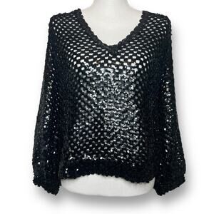 Vintage 80s Three Flaggs Sz Medium Black Sequin Disco Mesh Top Pullover